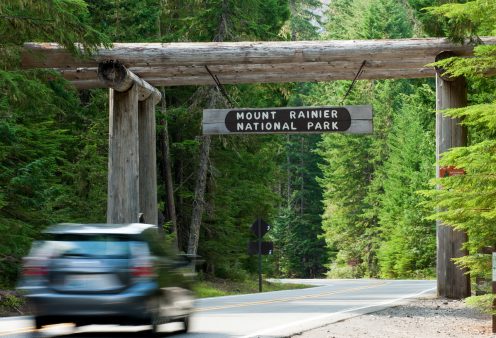 The Northeast entrance to Mt. Rainier National Park as seen when heading south on Washington State highway 410.